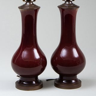 Pair of Small Copper Red Glazed Vases Mounted as Lamps