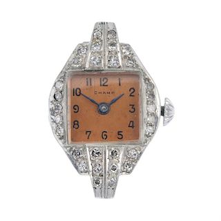A lady's mid 20th century diamond manual wind watch head. The square-shape orange-dial with black Ar