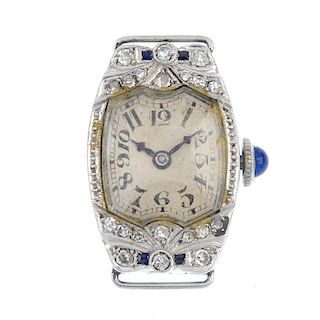A lady's mid 20th century diamond and synthetic sapphire manual wind watch head. The white dial with