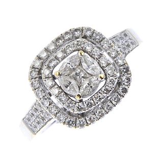 (155826) A diamond dress ring. Designed as a marquise and square-shape diamond cluster within a doub