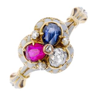 A late 19th century gold diamond, ruby and sapphire trefoil ring. The old-cut diamond, pear-shape ru