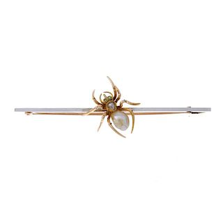 An early 20th century 15ct gold and platinum gem-set spider brooch. The spider, with baroque pearl a