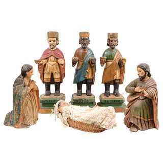 Adoración de los Reyes. México, finales del SXIX. Madera tallada y policromada. Piezas: 6