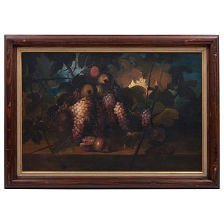 M. RUIZ. Bodegón con uvas y granadas. Firmado. Óleo sobre tela.  Enmarcado. 60 x 90 cm.