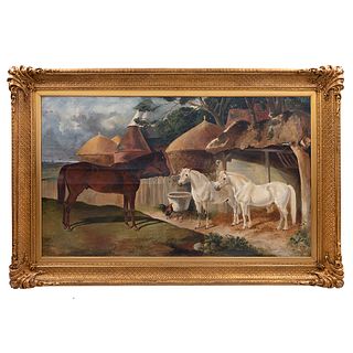 BENI HERANG (?) Paisaje con caballos y gallo. Óleo sobre tela. Enmarcado. 90 x 150 cm.