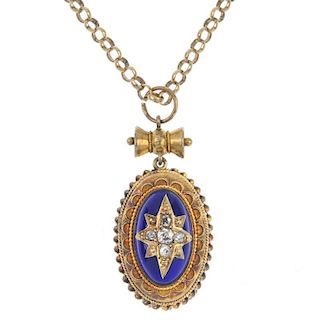 A late Victorian gold diamond and enamel pendant. The old-cut diamond star, to the oval-shaped blue