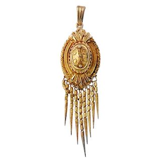 An mid 19th century 18ct gold pendant. Of oval outline, with cannetille detail, suspending a graduat