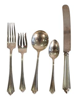 Gorham Sterling Silver Flatware Set for 12, plus two English fish knives, and six Georg Jensen demi spoons, to include jack knives and silverplate, 71
