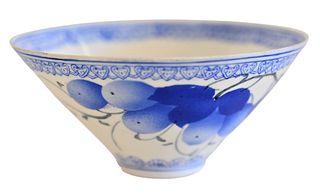 Chinese Egg Shell Porcelain Bowl, with blue fruit motif in fitted box, diameter 4 inches. Provenance: The Estate of Alan Gans, Mulberry Point, Guilfor