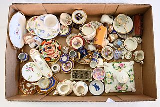 Box Lot of Miniature China Tea Sets, to include Limoges, Crown Staffordshire, Foley China, and Lasserre, height of tallest 2 inches.