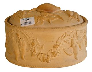Stoneware Lidded Game Pie Dish, having liner and wildgame relief throughout, not marked, length 10 1/2 inches, height 7 inches.