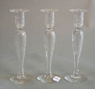 Set of Three Matching Hawkes Cut Glass Candlesticks, height 12 inches.