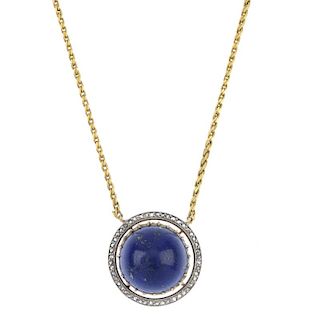 A lapis lazuli and diamond pendant. The circular lapis lazuli cabochon, within a rose-cut diamond ha