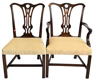 Set of Eight Custom Mahogany Chippendale Style Dining Chairs, to include two arm chairs, six side chairs, with upholstered seats, height 37 1/2 inches