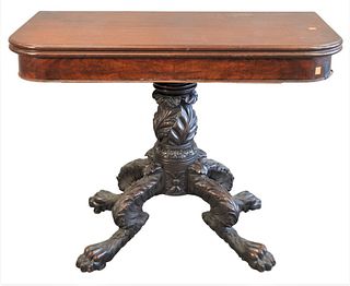 Federal Mahogany Game Table, on carved pedestal with carved paw feet, circa 1840, height 29 inches, top 18 1/2" x 37".