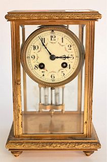 H & H French Brass Mantle Clock, having floral details painted on the face, height 10 inches, width 6 1/4 inches, depth 5 1/4 inches.