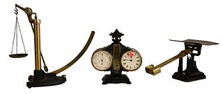 Three Piece Lot, to include a Griffin and George Scale, a fairbanks brass postal scale, along with a brass aneroid barometer/clock and brass tube, tal