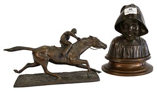 Two Bronze Sculptures, to include a small bronze bust of a hooded child, unsigned, base is unattached, height 9 inches; along with a horse with jockey