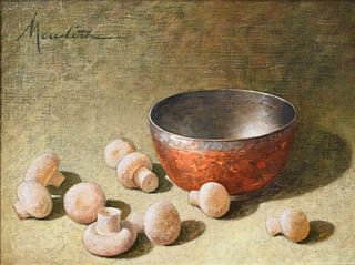 Robert Meredith (American, b. 1940), still life with mushrooms, oil on canvas, signed upper left "Meredith", 12" x 16".