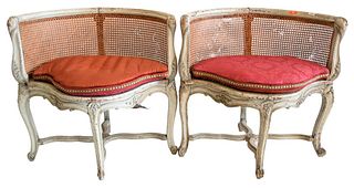 Pair of Louis XV Style Chairs, having cane back and seats (some caning as is), with custom cushions, height 30 inches, width 32 inches.