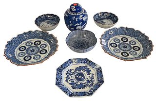 Seven Piece Chinese Lot, to include a ginger jar with lid, height 6 1/4 inches; a scalloped small bowl; an octogonal plate, diameter 8 inches; a pair 
