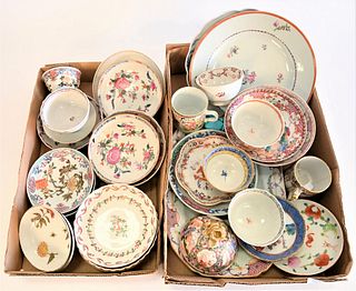 Two Tray Lots of Chinese Items, to include Chinese porcelain cups and saucers, Famille Rose saucers, Chinese Export, etc.