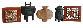 Five Piece Lot, to include a carved lidded vessel, along with a matching pitcher, a terracotta vessel, along with a pair of carved and painted Chinese