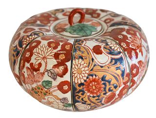Japanese Imari Porcelain Gourd Shaped Vessel, with lid, marked on underside, height 6 inches, width 9 inches.