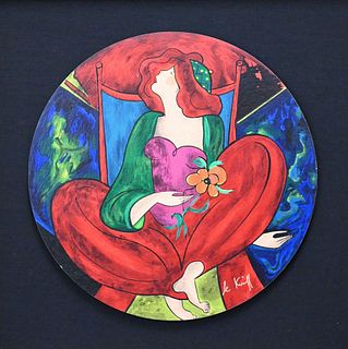 Three Piece Linda Le Kinff (French/Italian, b. 1949), to include "Cendrillan", serigraph with hand coloring on paper mounted on circular board, signed