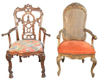 Three Piece Lot of Chairs, to include an armchair having cane back and cabriole legs, along with two side chairs having custom upholstery, height of t