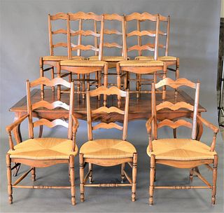Nine Piece Louis XV Style Dining Set, to include inlaid top table along with eight rush seat chairs, two arm and six side, table has one built in leaf