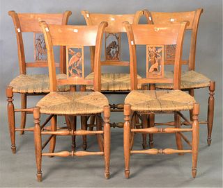 Set of Five Continental Maple Side Chairs, each having carved animal to backs and rush seats, height 34 1/2 inches, seat height 17 1/2 inches.
