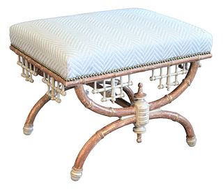 Faux Bamboo Stool, having gilt remnants and upholstered top, height 20 inches, top 20" x 26".