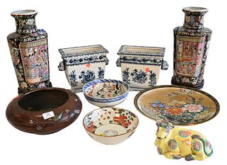 Nine Piece Asian Lot, to include a pair of blue and white planters having mounted head handles; a pair of vases having painted interior scenes with a 