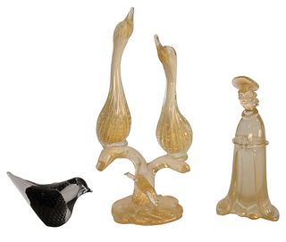 Three Piece Group of Murano Art Glass, to include a small bird, marked "Made in Italy" to the underside; two birds on a perch, marked Salviati to the 