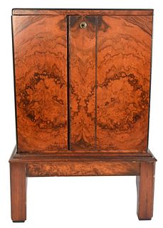 Burl Walnut Table Cabinet, having two doors opening to three fitted interior drawers on stand, English 19th century, one molding on base missing, 13" 
