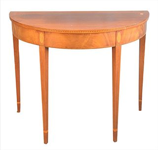 Margolis Custom Mahogany Demilune Table, height 29 inches, width 36 inches, depth 18 inches.