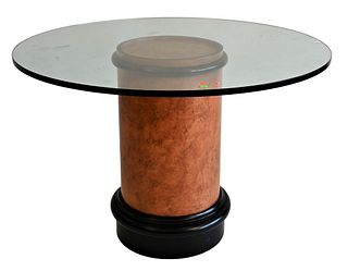 Karl Springer Style Glass Top Center Table, having burl pedestal base, not marked, height 29 inches, diameter 44 inches.