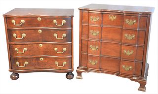 Two Mahogany Chests, to include a reverse serpentine four drawer diminutive chest over bun feet, along with a four drawer diminutive block front chest