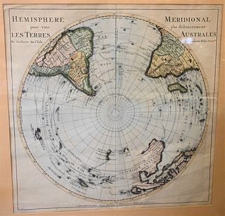 Guillaume de L'Isle, "Hemisphere Meridional" engraving on paper with hand coloring of South America, Africa, and Australia from the south pole, sight 