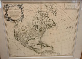 Robert de Vaugondy, "Amerique Septentrionale" engraving on paper with hand coloring of North America, circa 1750 or later, sight size 20" x 24".