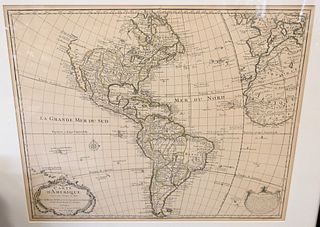 Guillaume de L'Isle and Philippe Buache "Carte D'Amerique", engraving on paper with hand coloring of North and South America, circa 1722 or later, sig