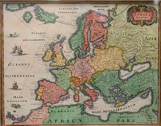 Matthaus Merian the Elder (Swiss, 1593 - 1650), map of Europe, 1717, engraving with hand coloring on paper, sight size 11 1/4" x 14 1/2".