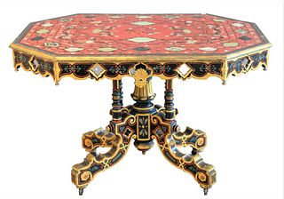 Turkish Center Table, having embroidered top over painted pedestal base, height 29 inches, top 34" x 45".