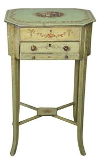 Adams Painted Sewing Stand, having tilt top over two drawers and "X" stretcher base, top depicting three children with birds, height 31 inches, top 13