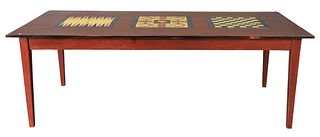 Custom Farm Style Table, having painted chess, backgammon, and parcheesi boards, height 30 inches, top 40" x 90".