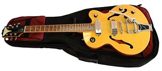 Epiphone Electric Guitar, serial number 18031500761 Wildcats, flame maple top, Bigsby tremolo, P-90 pickups, soft bag case.