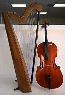 Two Piece Lot, to include a full size German cello, Wilhelm Eberle 4/4 cello, good condition, with bow, no case; along with a Celtic harp, 36 string, 