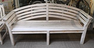 Large Teak Outdoor Patio Bench, having curved back, length 77 inches.