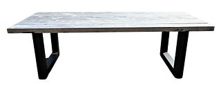 Large Teak Outdoor Patio Table, having slab wood top, height 32 inches, top 40" x 99".